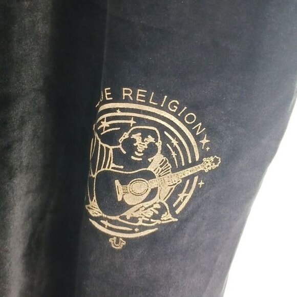 True Religion Womens L Black Velour Jogger Pants Gold Logo Drawstring Waist - Picture 3 of 6